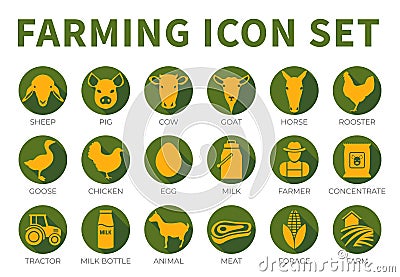 Green Colorful Round Farming or Farm Icon Set of Sheep, Pig, Cow, Goat, Horse, Rooster, Goose, Chicken, Egg, Milk, Farmer, Stock Photo
