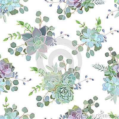 Green colorful succulent Echeveria seamless vector design print Vector Illustration