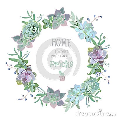 Green colorful succulent Echeveria vector design round frame Vector Illustration