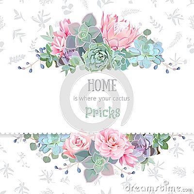 Green colorful succulents vector design frame. Echeveria, protea, eucaliptus. Vector Illustration