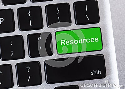 Green computer keyboard button with Resources word Stock Photo