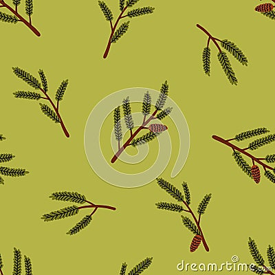 Green conifer tree branches, seamless pattern. Fir and cedar twigs, endless natural background. Winter texture design Cartoon Illustration