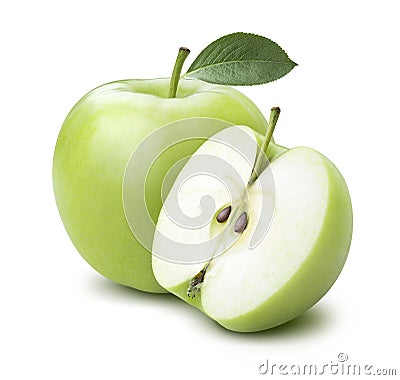 Green cooking apple and half on white background Stock Photo