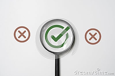 Green correct sign symbol inside of magnifier glass and among red incorrect or cross sign for focus and concentrate document check Stock Photo