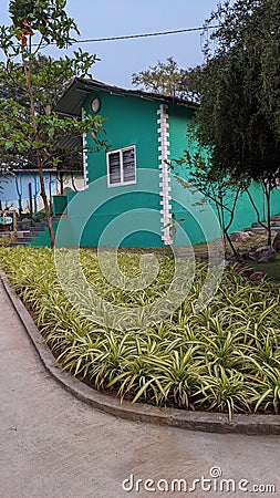 Green cottage in a community Stock Photo