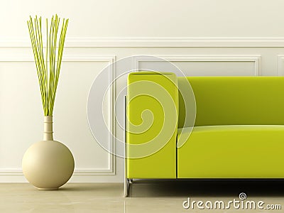 Green couch in white room Stock Photo