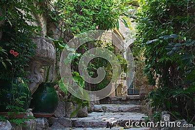 Green cozy courtyards of the French village of San Paul de Vence. Steps lead to the door. Stock Photo