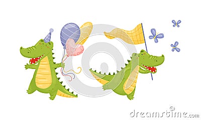 Green Crocodile or Gator Character Catching Butterfly with Net and Carrying Balloon Bunch Vector Set Vector Illustration