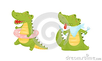 Green Crocodile or Gator Character with Rubber Ring and Holding Knife and Fork Ready to Eat Vector Set Vector Illustration