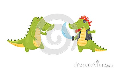 Green Crocodile or Gator Character Running and Playing Pirate Vector Set Vector Illustration