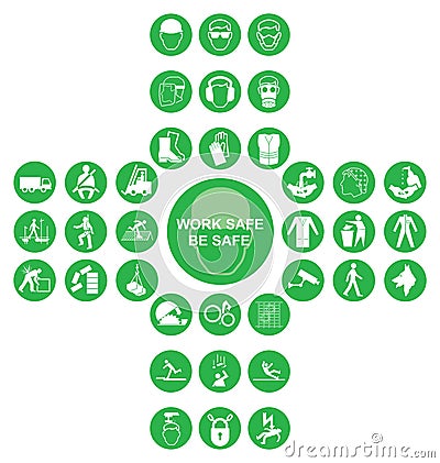 Green cruciform health and safety icon collection Vector Illustration