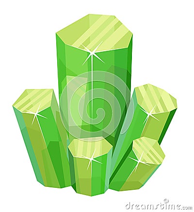 Green crystal gems, jewel rock mineral stones, isolated. Unfaceted rough glowing rocks stalagmites, isolated jewelry Vector Illustration