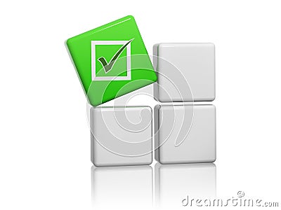 Green cube with check sign on boxes Stock Photo