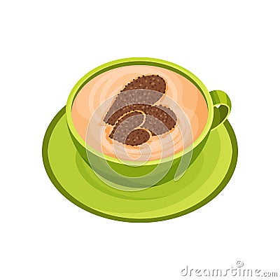 Green cup of tasty cappuccino with latte art in shape hearts of cinnamon powder. Hot morning drink. Flat vector icon Vector Illustration