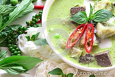 Green curry creamy coconut milk with chicken , Popular Thai food Stock Photo