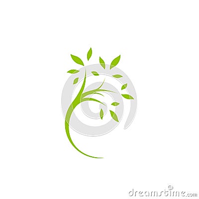 Green curved tree with leaves. Round border with plant. Cartoon Illustration