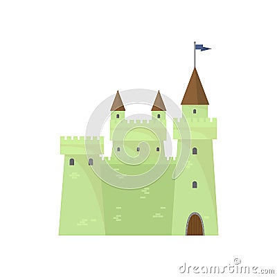 Green cute brick castle of knights tower king Vector Illustration