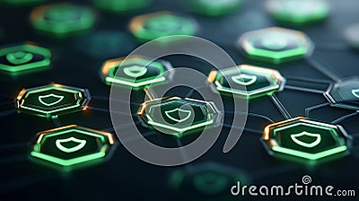 Green cybersecurity shields interconnected in a grid like network, representing sustainable data protection and secure IT opera Cartoon Illustration