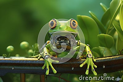 Green cyborg frog in the jungle. A robot treefrog. Stock Photo