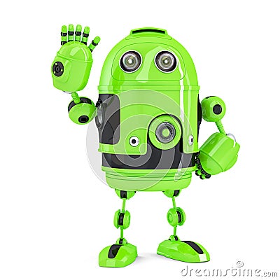 Green 3d Robot waving hello. . Contains clipping path Stock Photo