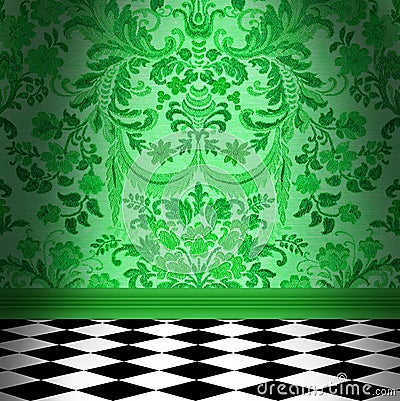 Green Damask Wallpaper With Black & White Checkerboard Tile Floor Stock Photo