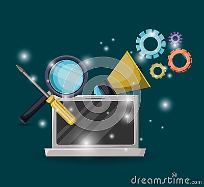 Green dark background with brightness of laptop device and gears mechanism with magnifying glass and screwdriver tool Vector Illustration