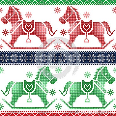 Green, dark blue , red Christmas Scandinavian seamless Nordic pattern with rocking dala pony horses, stars, snowflakes in c Vector Illustration