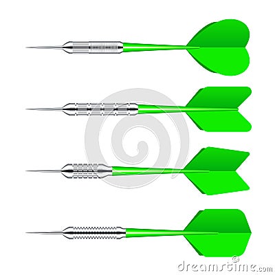 Green dart arrows with metal tip isolated on white background. Dart throwing sport game, dartboard equipment. Vector Vector Illustration