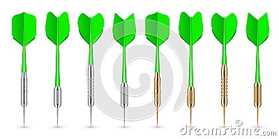 Green dart arrows with metal tip and shadow. Dart throwing sport game, dartboard equipment. Vector illustration Vector Illustration