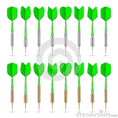 Green dart arrows with metal tip and shadow. Dart throwing sport game, dartboard equipment. Vector illustration Vector Illustration