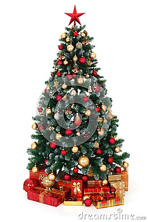 Green decorated Christmas tree and presents Stock Photo