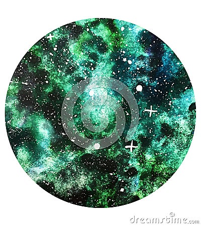 Green deep galaxy watercolor circle illustration Cartoon Illustration