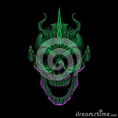 green the demon skull illustration in dark art style Cartoon Illustration