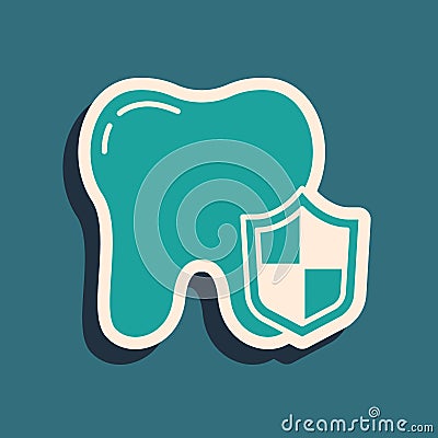 Green Dental protection icon isolated on green background. Tooth on shield logo. Long shadow style. Vector Stock Photo