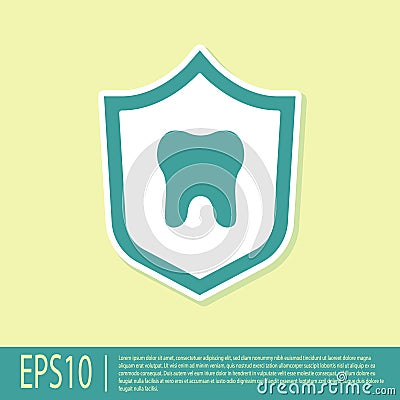 Green Dental protection icon isolated on yellow background. Tooth on shield logo. Vector Vector Illustration