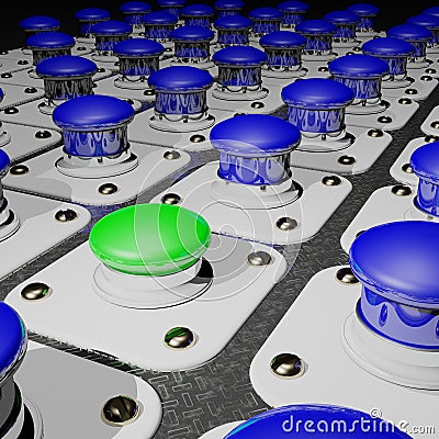 Green depressed pushbutton among blue ones Stock Photo