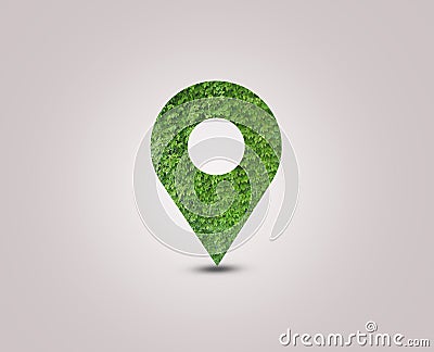 Green Destination Symbol of a pin. Environment day concept. Green location symbol of a pin. A green forest shape on location pin c Stock Photo