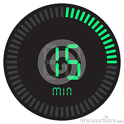 The green digital timer 15 minutes. electronic stopwatch with a gradient dial starting vector icon, clock and watch, timer. Cartoon Illustration