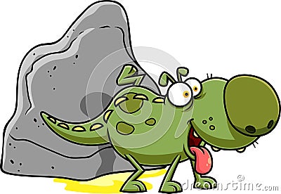 Green Dino Dog Cartoon Character Marking His Territory Vector Illustration