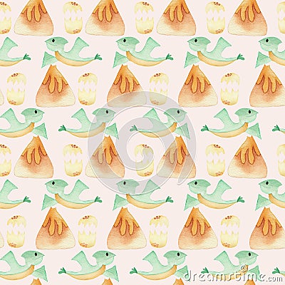 Green dino and vulcano in a seamless pattern Stock Photo