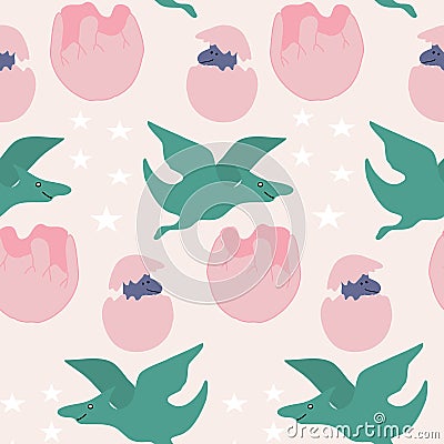 Green dinosaur and pink egg in a seamless pattern design Vector Illustration