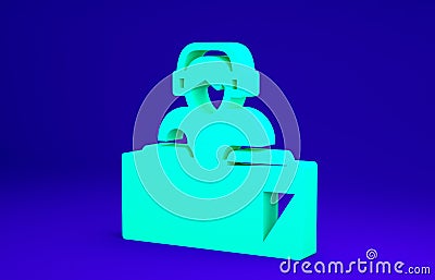 Green DJ wearing headphones in front of record decks icon isolated on blue background. DJ playing music. Minimalism Cartoon Illustration