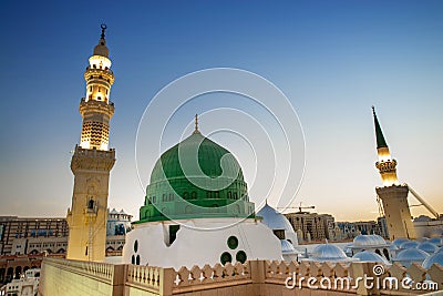 The Green dome of prophet Mohammed between two Minaret . Editorial Stock Photo