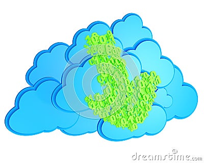 Green download arrow before blue clouds Stock Photo