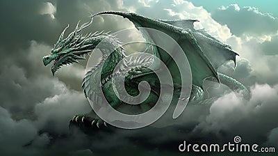 A green dragon flies above the clouds. AI Generated Stock Photo