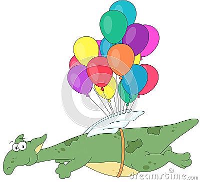 Green dragon flying on colored balloons. Vector Illustration