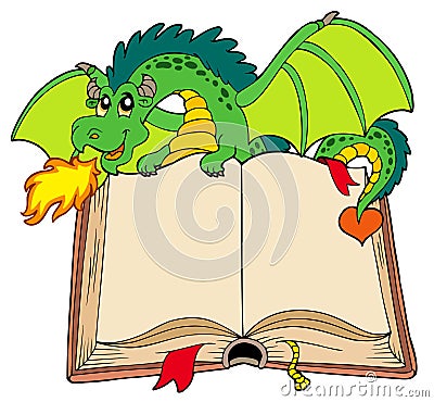 Green dragon holding old book Vector Illustration