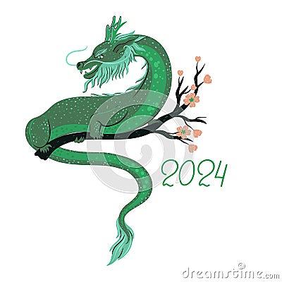 Green dragon sitting on a flowering branch isolate on a white background. Vector graphics Vector Illustration