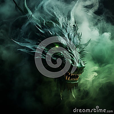 Green dragon, symbol of the new year 2024 in the smoke, scary evil with big teeth Stock Photo