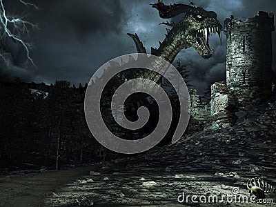 Green dragon and tower Stock Photo